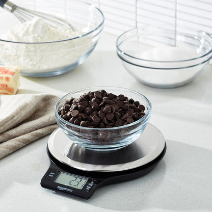 Basics Digital Kitchen Scale with LCD Display, Batteries Included, Weighs up to 11 pounds, Black and Stainless Steel